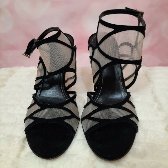 La Canadienne Black Suede Mesh Heels Sandals Size 39 US 8.5 Ankle Strap Italy - Picture 2 of 12